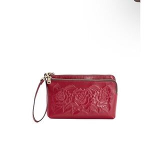 Patricia Nash Vintage Rose Tooled Leather Varone Wristlet Ruby Red Double Zip